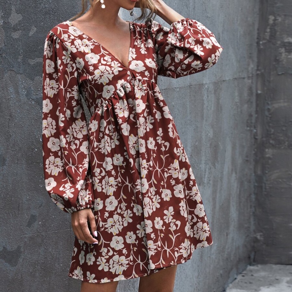 V neck open back floral print mini dress - BRICK - Picture 2 of 16
